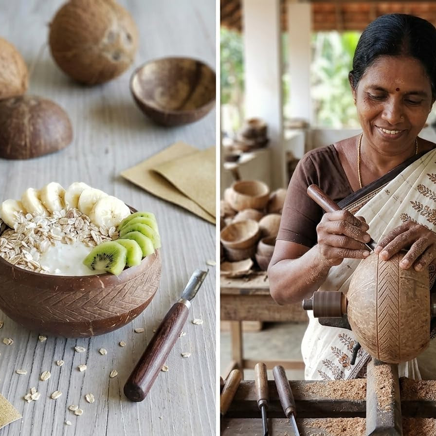 Jumbo Geometric Coconut Bowl with Spoon & Fork | 900ml Eco-Friendly Handcrafted Bowl Set
