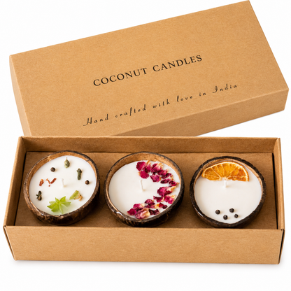 100% Natural Soy Wax Scented Candles in Upcycled Coconut Shells - Gift Set of 3