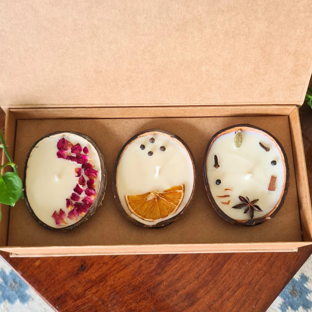 100% Natural Soy Wax Scented Candles in Upcycled Coconut Shells - Gift Set of 3