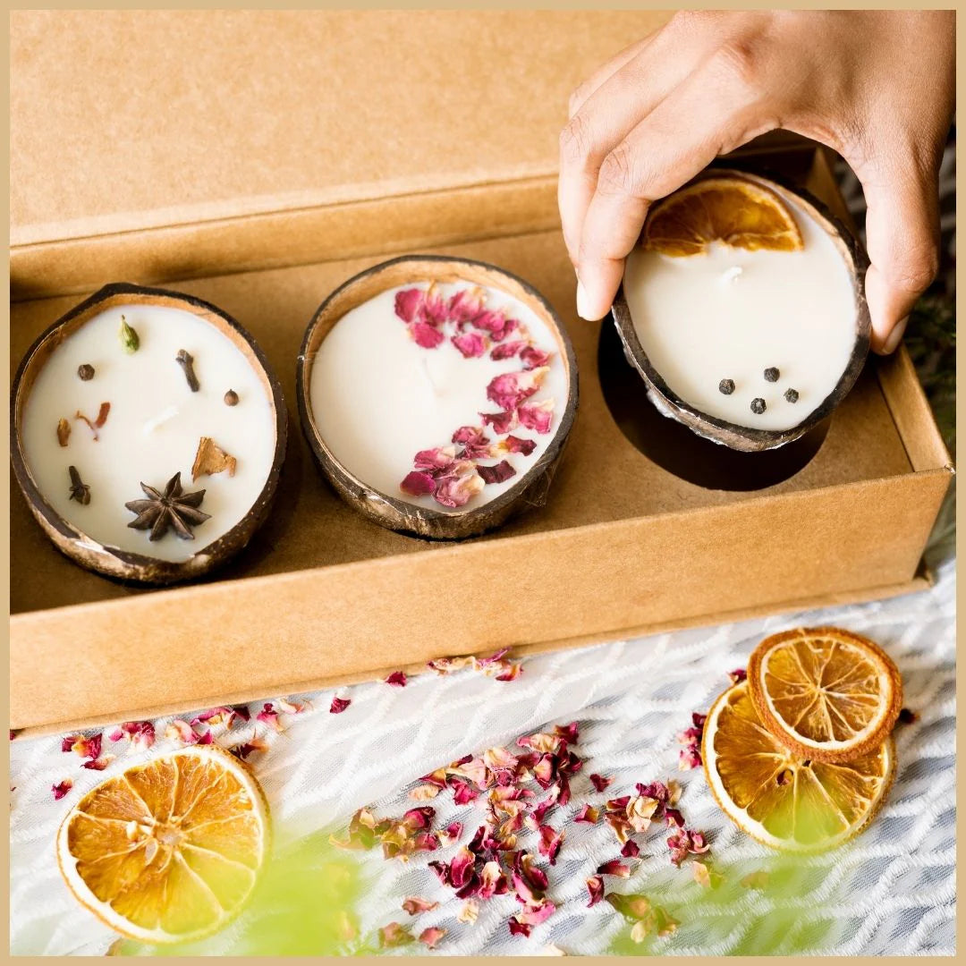 100% Natural Soy Wax Scented Candles in Upcycled Coconut Shells - Gift Set of 3