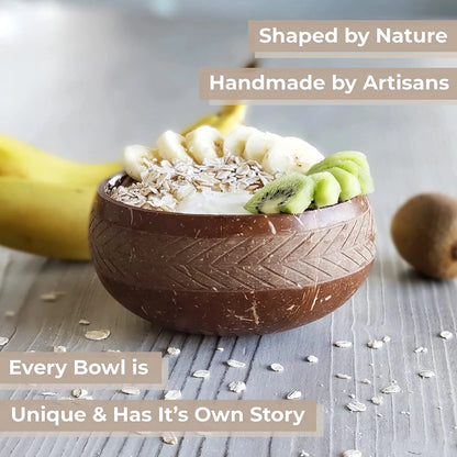 Jumbo Geometric Coconut Bowl with Spoon & Fork | 900ml Eco-Friendly Handcrafted Bowl Set