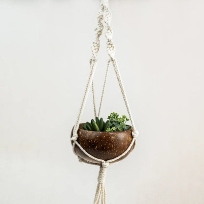 Coconut Shell Macramé Plant Hanger & Pot | Eco-Friendly Handcrafted Hanging Planter for Indoors