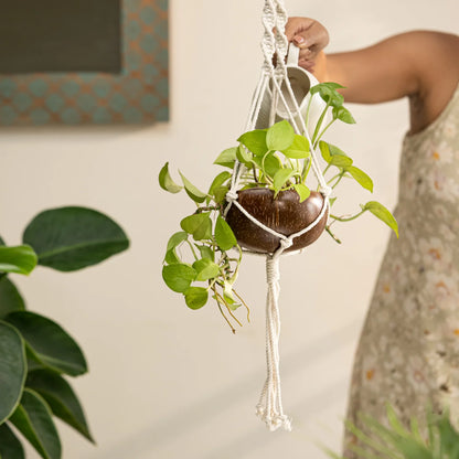 Coconut Shell Macramé Plant Hanger & Pot | Eco-Friendly Handcrafted Hanging Planter for Indoors